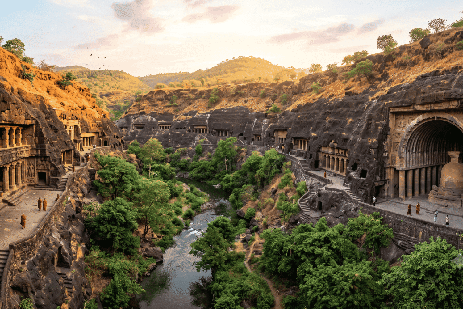 Panoramic view of ancient rock-cut cave temples carved into cliff faces along a winding river with trees and visitors exploring the site.