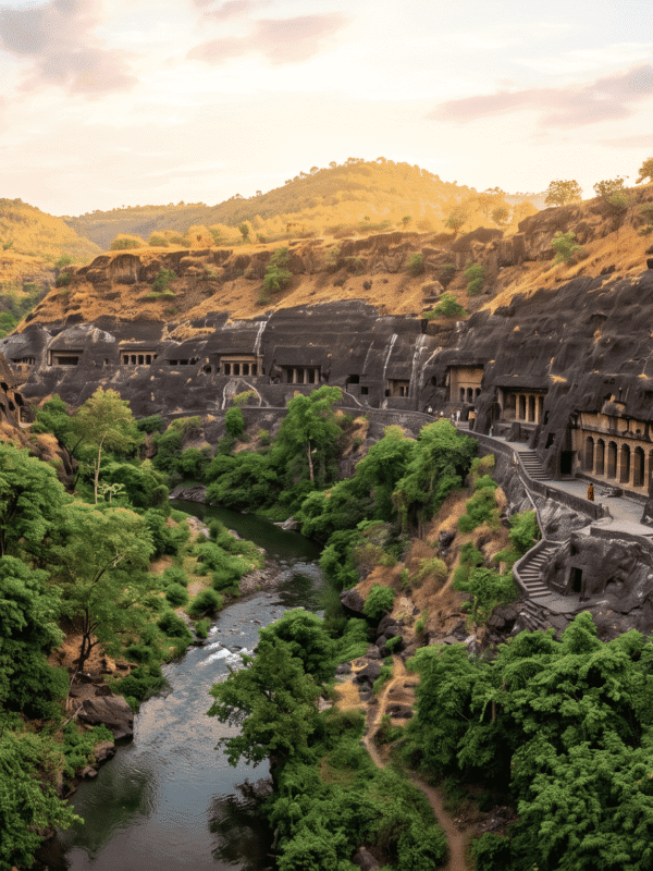 Panoramic view of ancient rock-cut cave temples carved into cliff faces along a winding river with trees and visitors exploring the site.