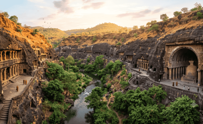 Panoramic view of ancient rock-cut cave temples carved into cliff faces along a winding river with trees and visitors exploring the site.
