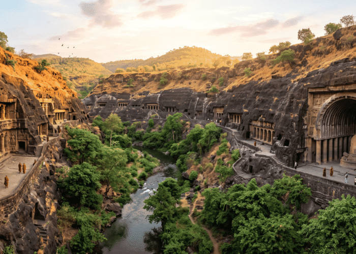 Panoramic view of ancient rock-cut cave temples carved into cliff faces along a winding river with trees and visitors exploring the site.