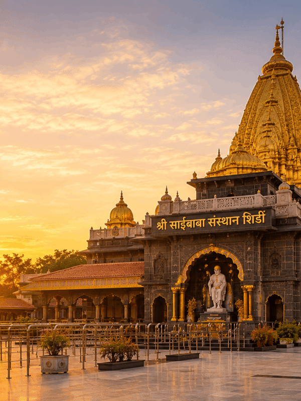 Golden temple-like structure with ornate spire, orange flag, and sunset glow in the courtyard