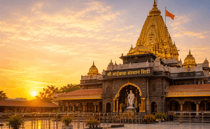Golden temple-like structure with ornate spire, orange flag, and sunset glow in the courtyard