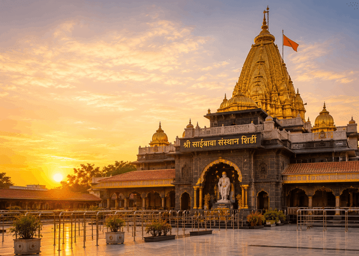 Golden temple-like structure with ornate spire, orange flag, and sunset glow in the courtyard